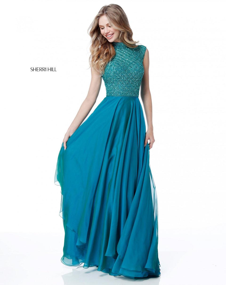 Sherri Hill Beaded High Neck Bodice With Cut Out Back And Chiffon Skirt