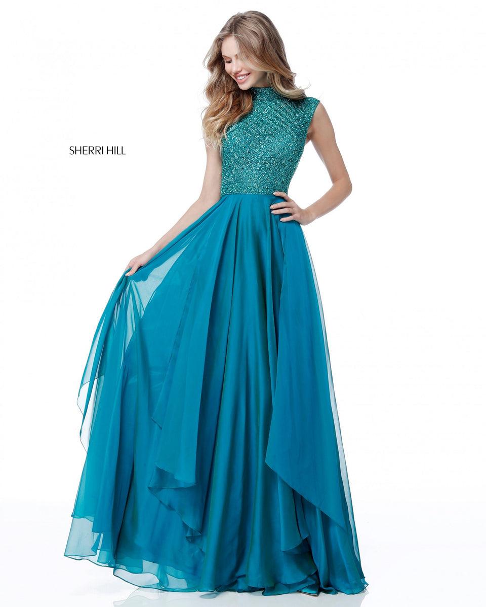 sherri hill Beaded high neck bodice with cut out back and chiffon skirt
