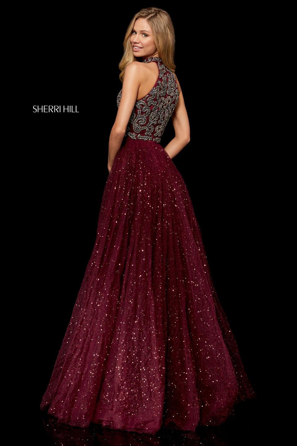 Sherri Hill Beaded High Neck Bodice With Fitted Velvet Skirt And Sequin Tulle Overskirt