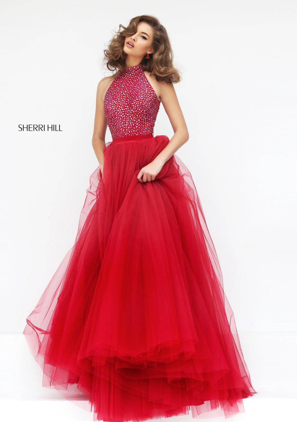 Sherri Hill Beaded High Neck Bodice With Keyhole Back And Tulle A-line Skirt