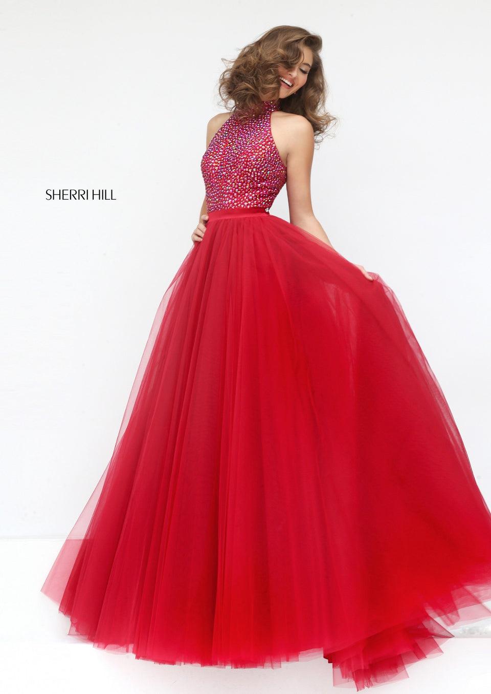 Sherri Hill Beaded High Neck Bodice With Keyhole Back And Tulle A-line Skirt