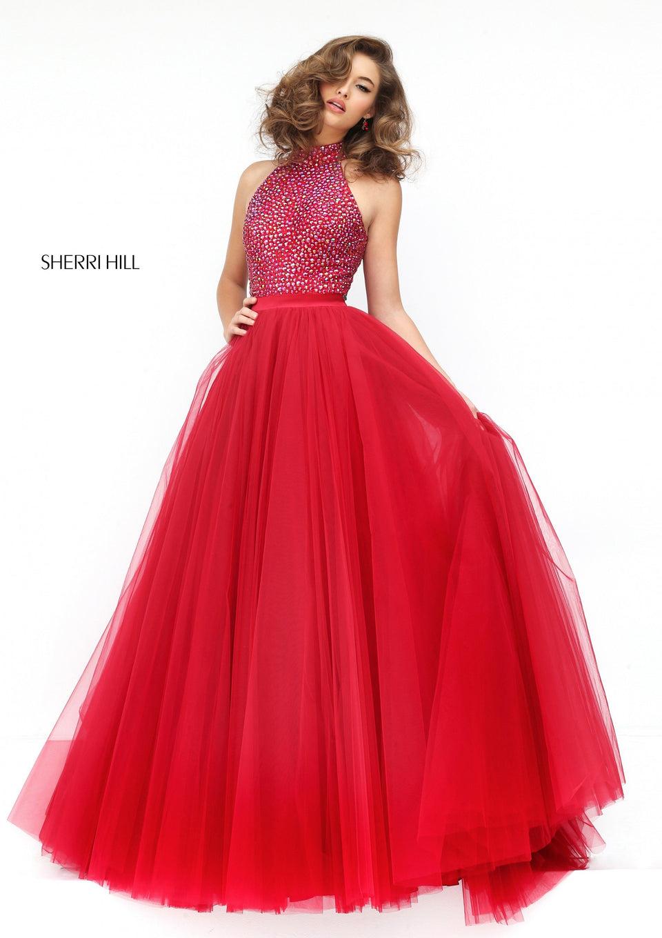 sherri hill Beaded high neck bodice with keyhole back and tulle A-line skirt