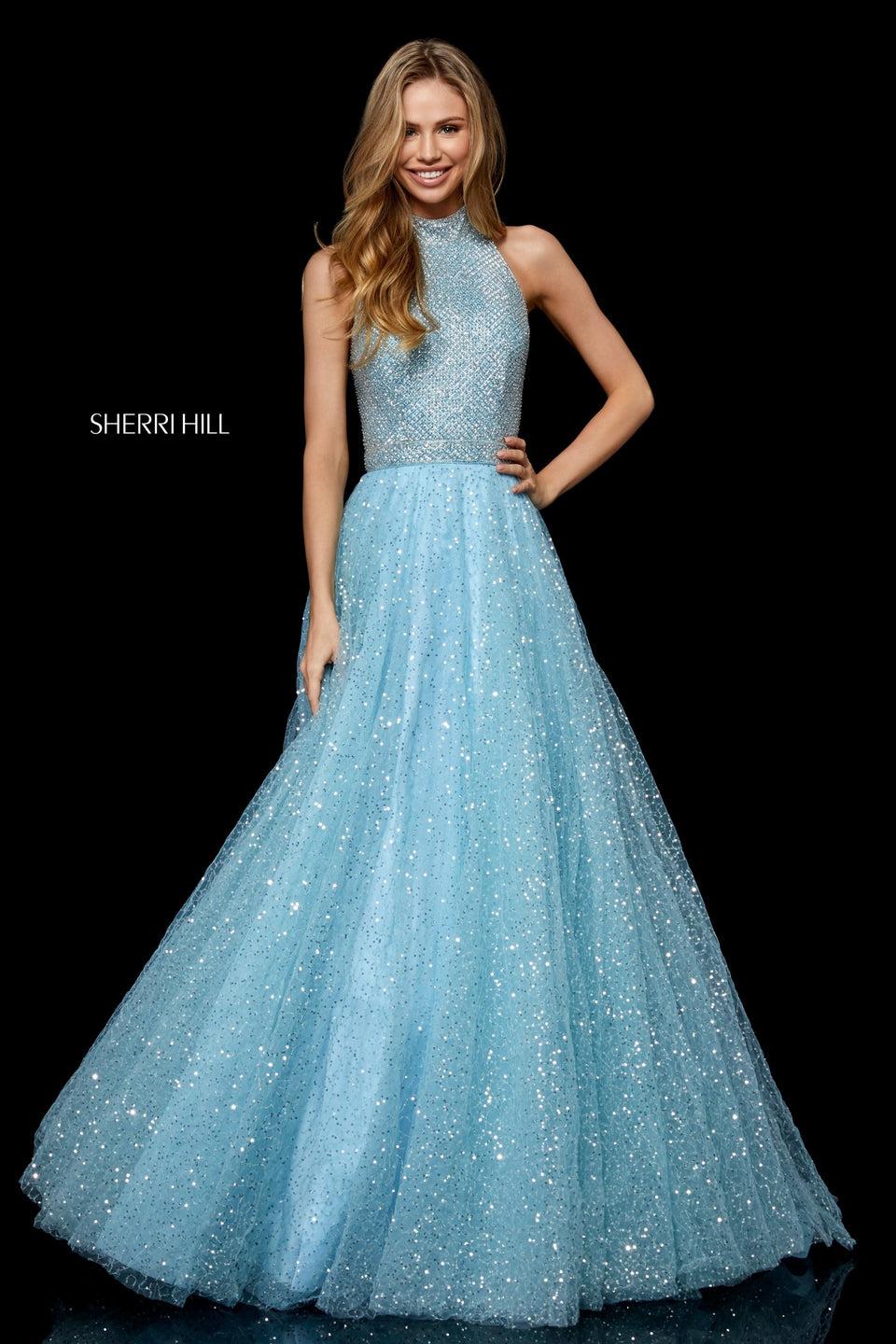 sherri hill Beaded high neck bodice with sequin tulle ball gown skirt