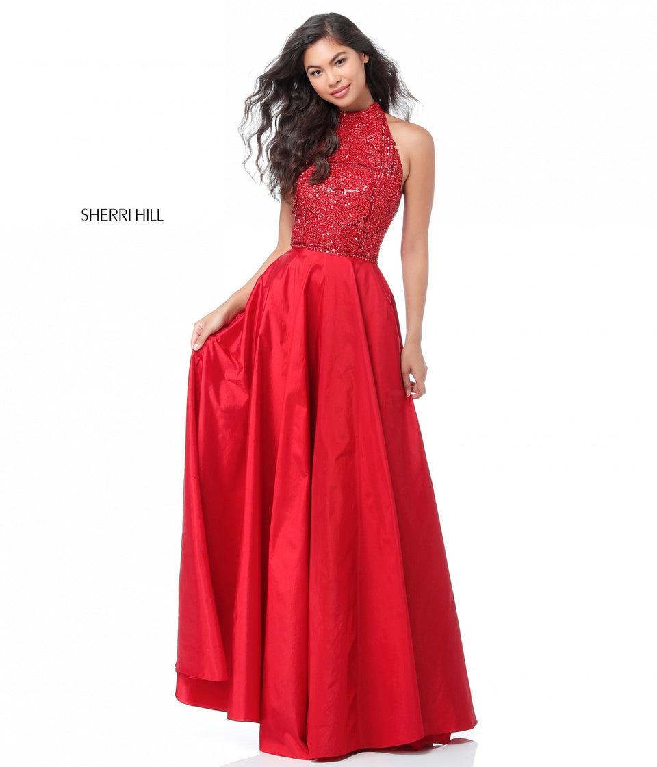 Sherri Hill Beaded High Neck Bodice With Taffeta Skirt