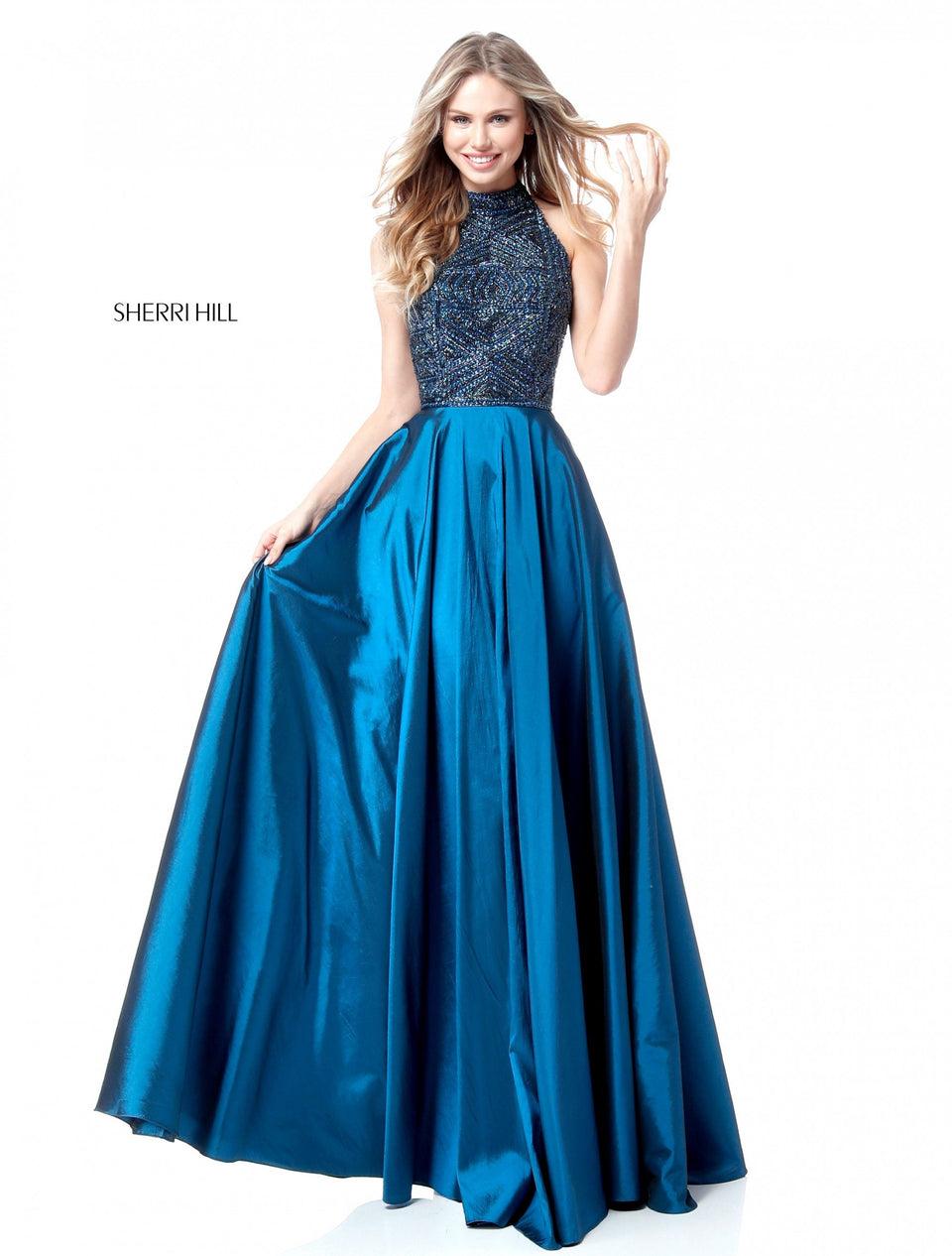 sherri hill Beaded high neck bodice with taffeta skirt