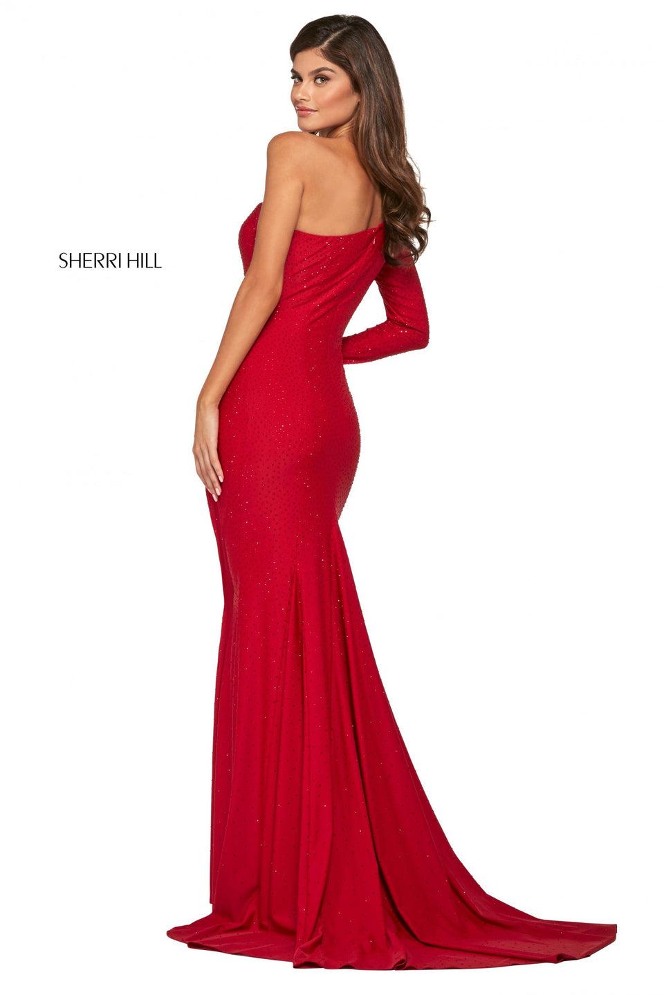 Sherri Hill Beaded Jersey Gown With One Shoulder Long Sleeve Neckline And Skirt Slit