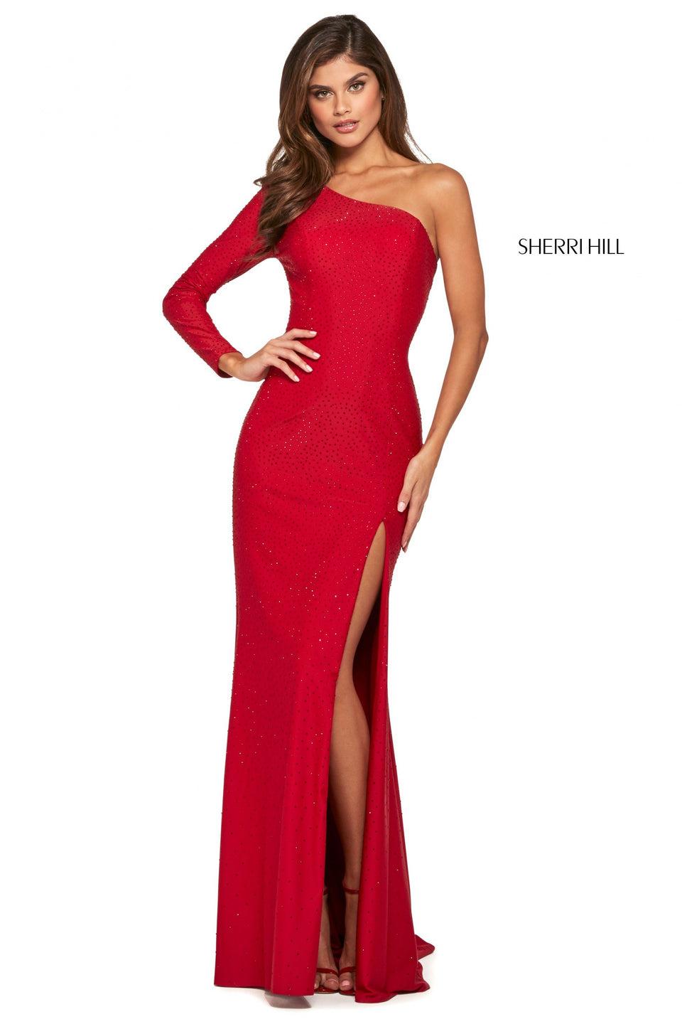 sherri hill Beaded jersey gown with one shoulder long sleeve neckline and skirt slit