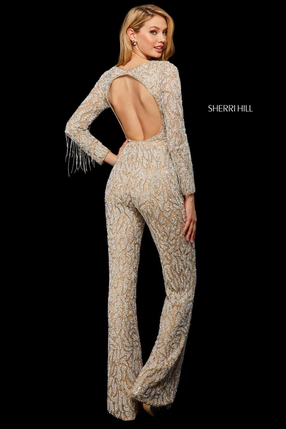 Sherri Hill Beaded Jumpsuit With Long Sleeves With Fringe Plunging Neckline And Open Back