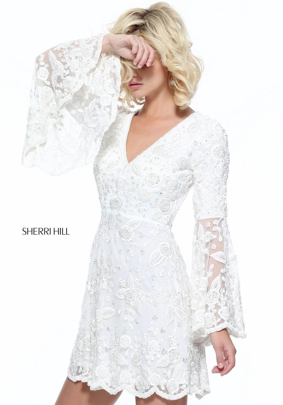 sherri hill Beaded lace cocktail dress with V neckline scalloped hem and bell sleeves