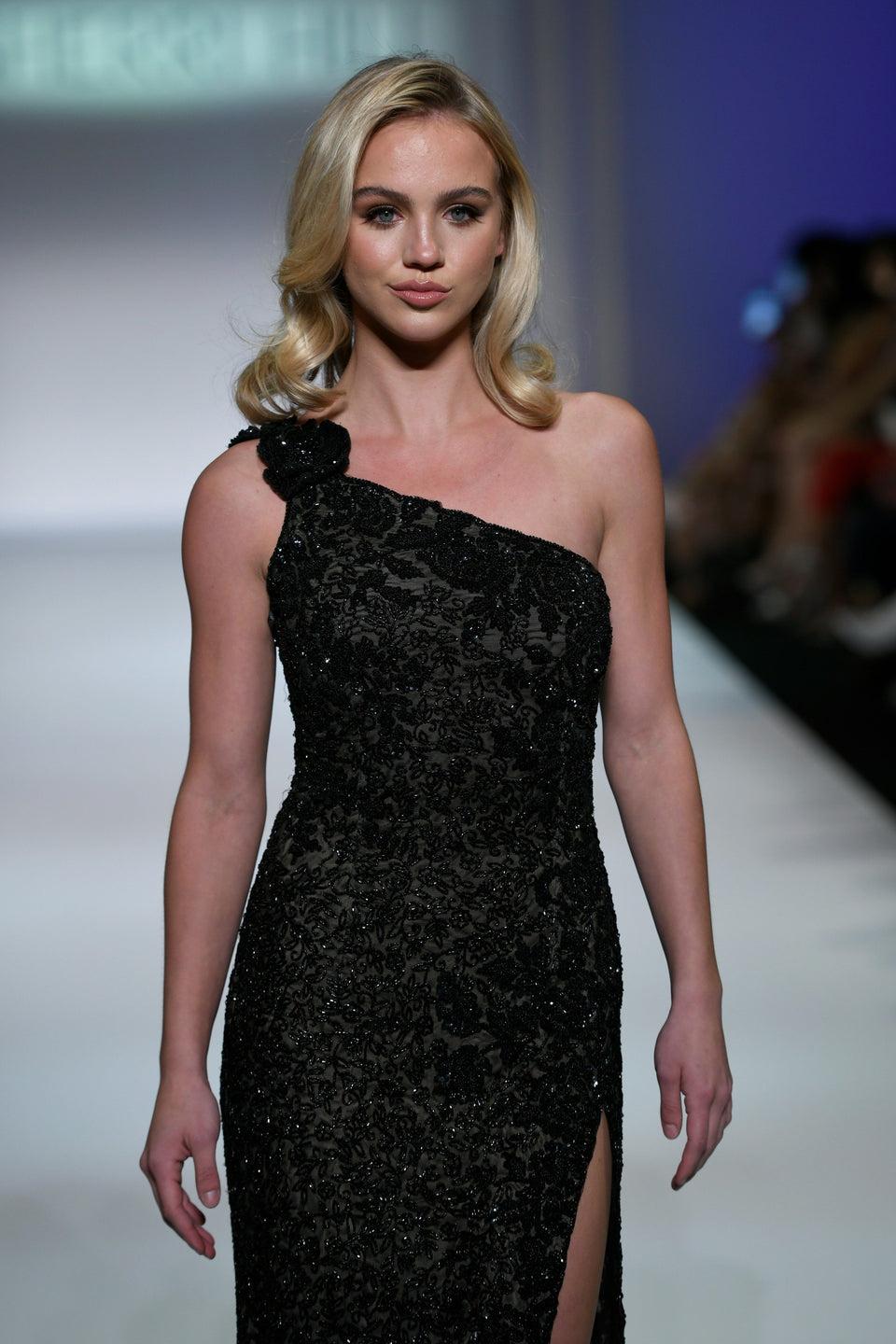 sherri hill Beaded lace one shoulder gown with a high slit