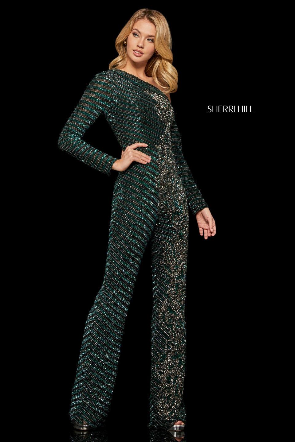 Sherri Hill Beaded Long Sleeve Jumpsuit With One Off-the-shoulder Neckline