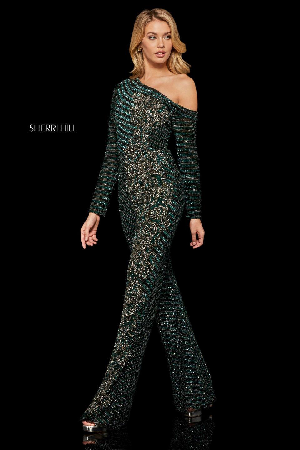 Sherri Hill Beaded Long Sleeve Jumpsuit With One Off-the-shoulder Neckline