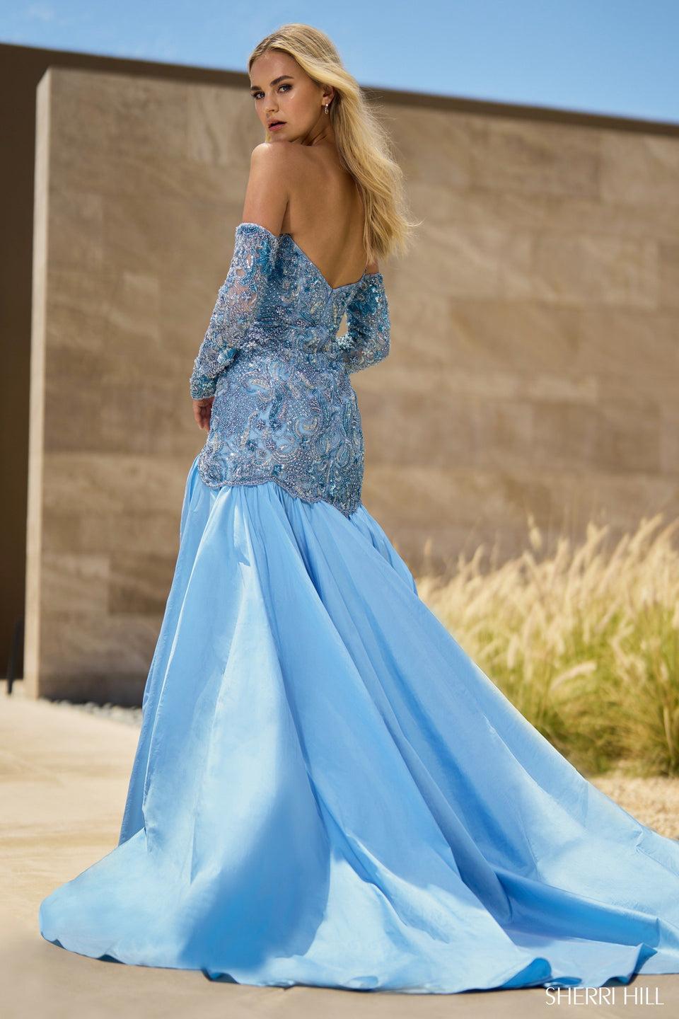 Sherri Hill Beaded Mermaid Gown With Deep V-neckline Taffeta Skirt Slit And Attachable Long Beaded Sleeves