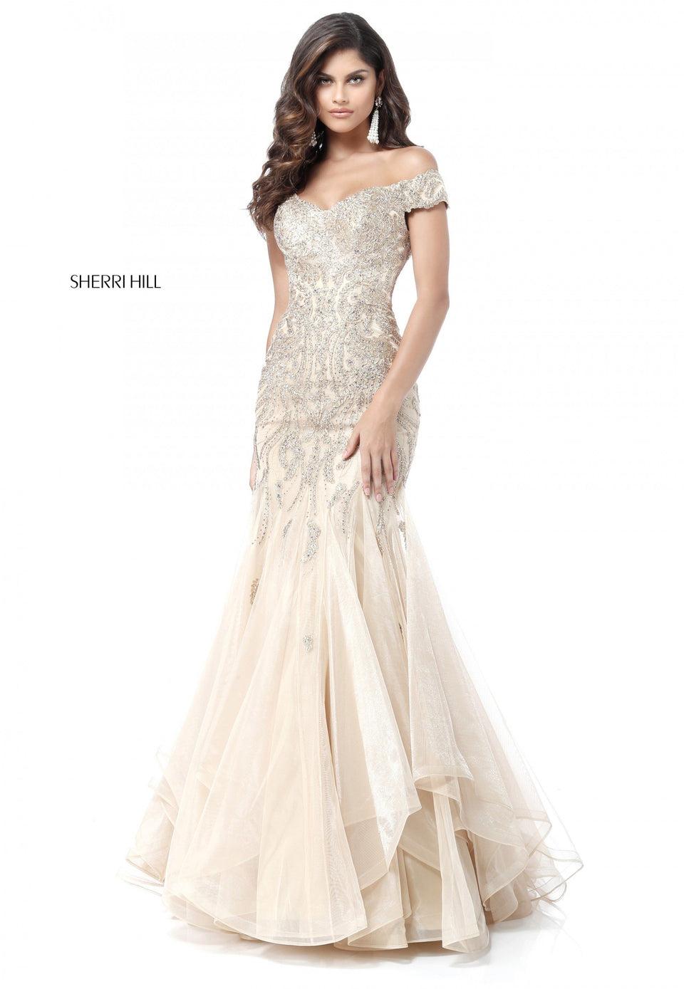 Sherri Hill Beaded Off-the-shoulder Bodice With A Tulle Mermaid Skirt
