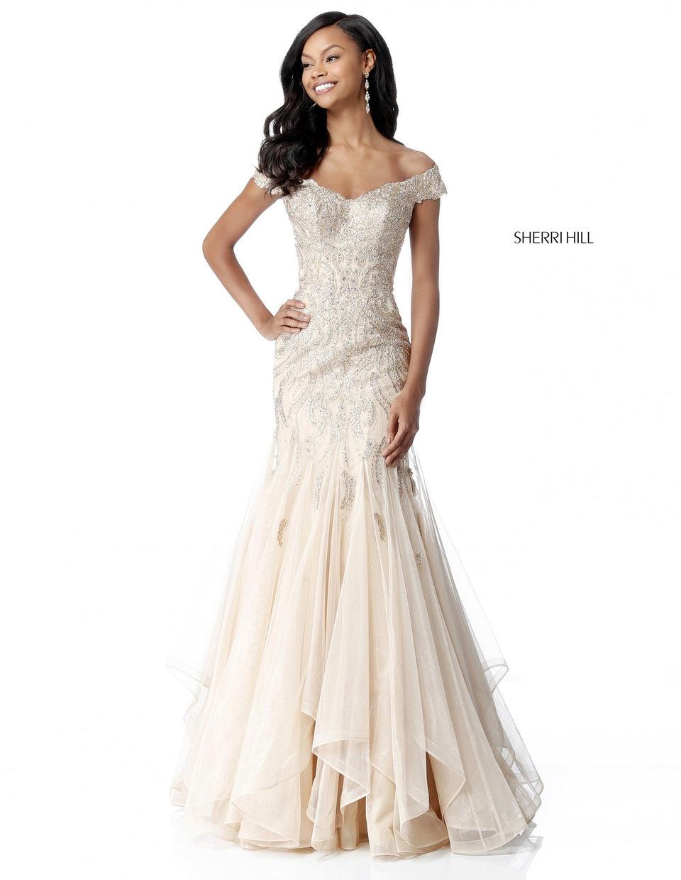 Sherri Hill Beaded Off-the-shoulder Bodice With A Tulle Mermaid Skirt