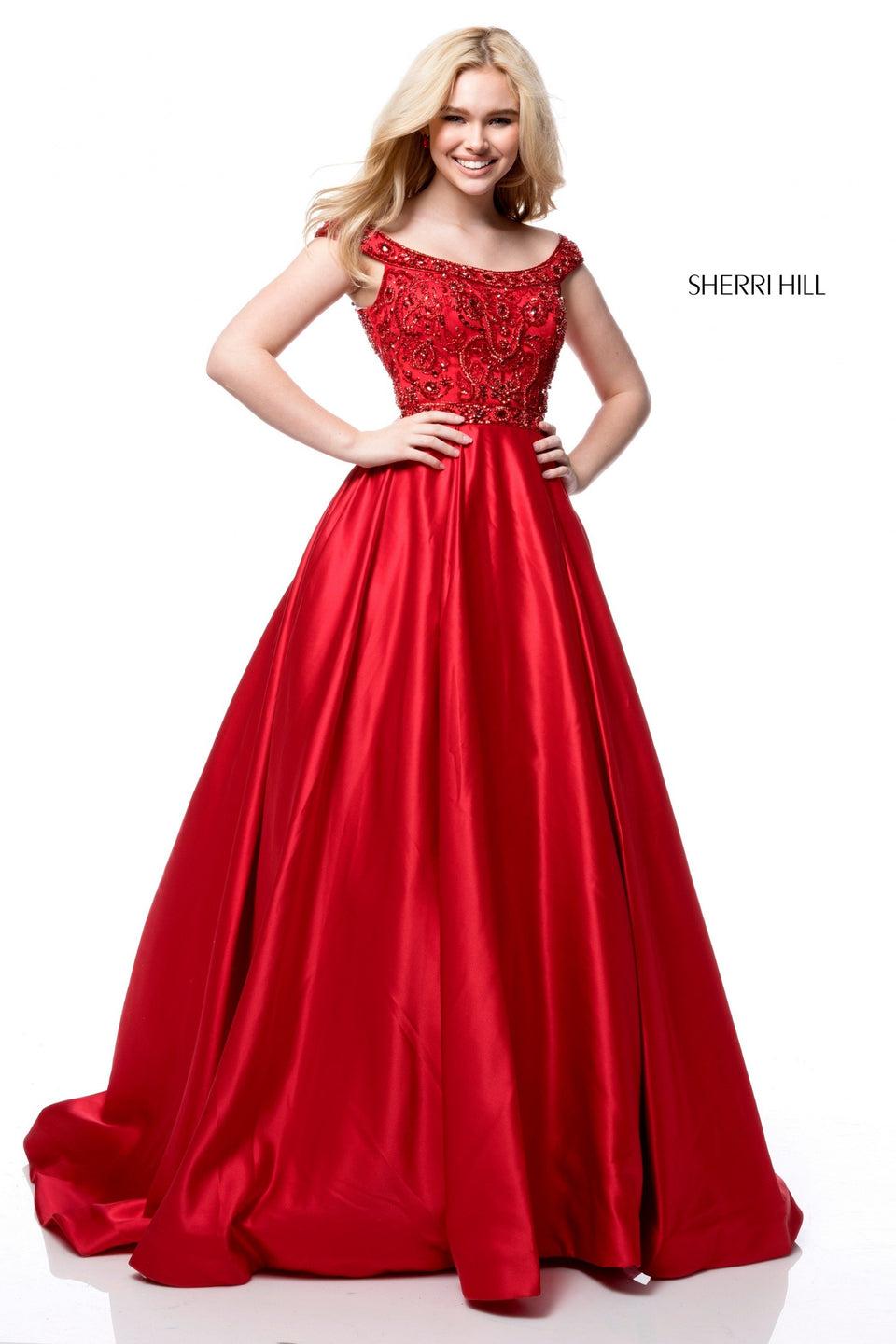 Sherri Hill Beaded Off-the-shoulder Bodice With Satin Ball Gown Skirt