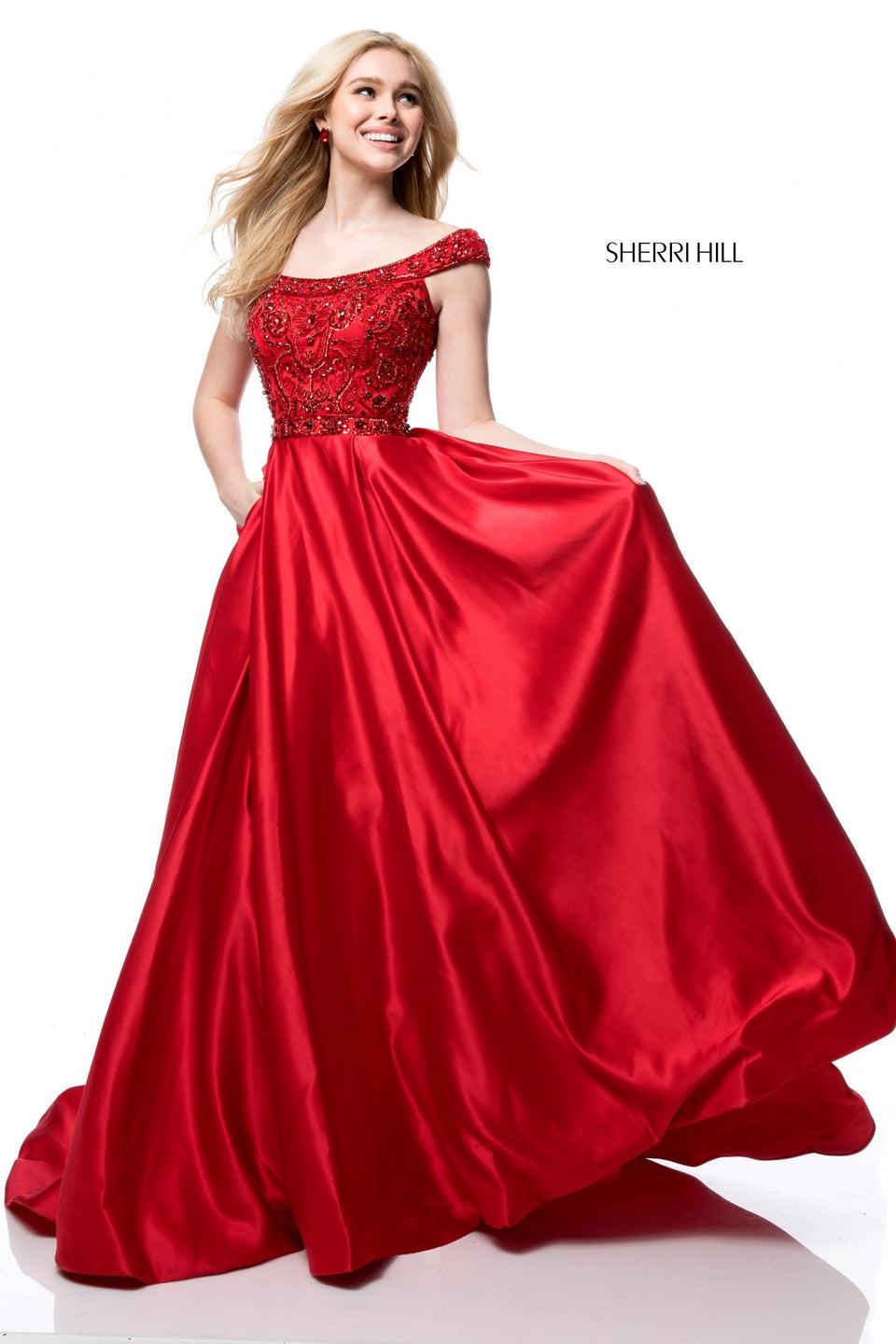 Sherri Hill Beaded Off-the-shoulder Bodice With Satin Ball Gown Skirt