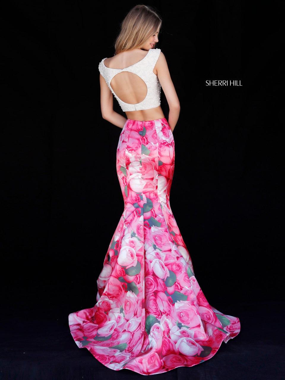 Sherri Hill Beaded Solid Color Bodice With Pearl Appliques And Mermaid Floral Print Skirt