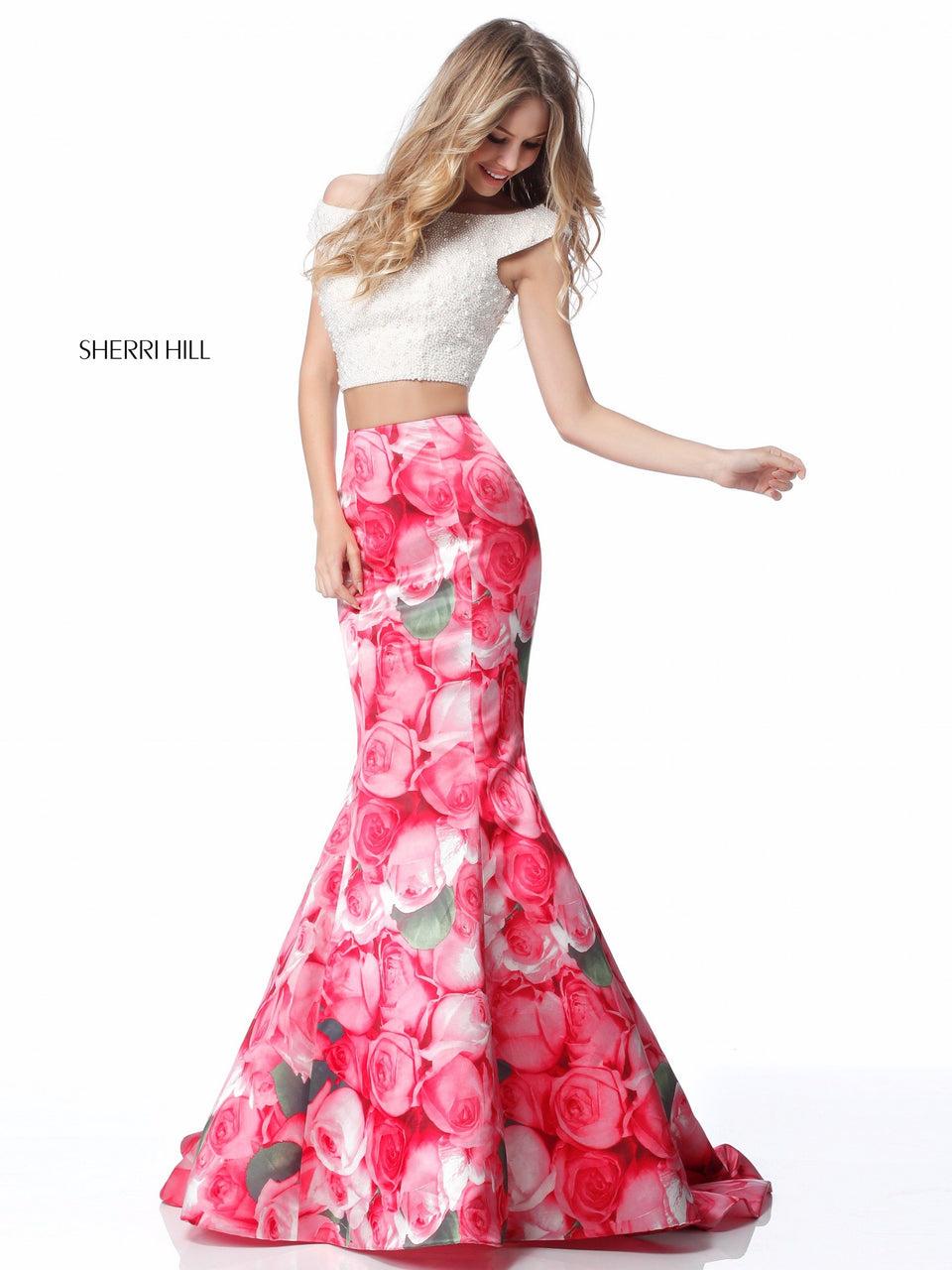 sherri hill Beaded solid color bodice with pearl appliques and mermaid floral print skirt