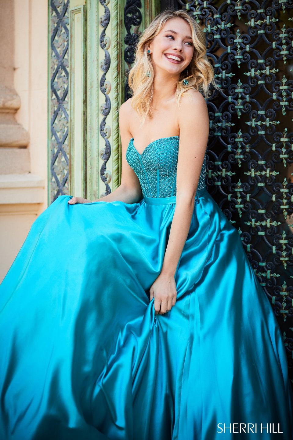 Sherri Hill Beaded Strapless Corset Bodice With Satin Ball Gown Skirt