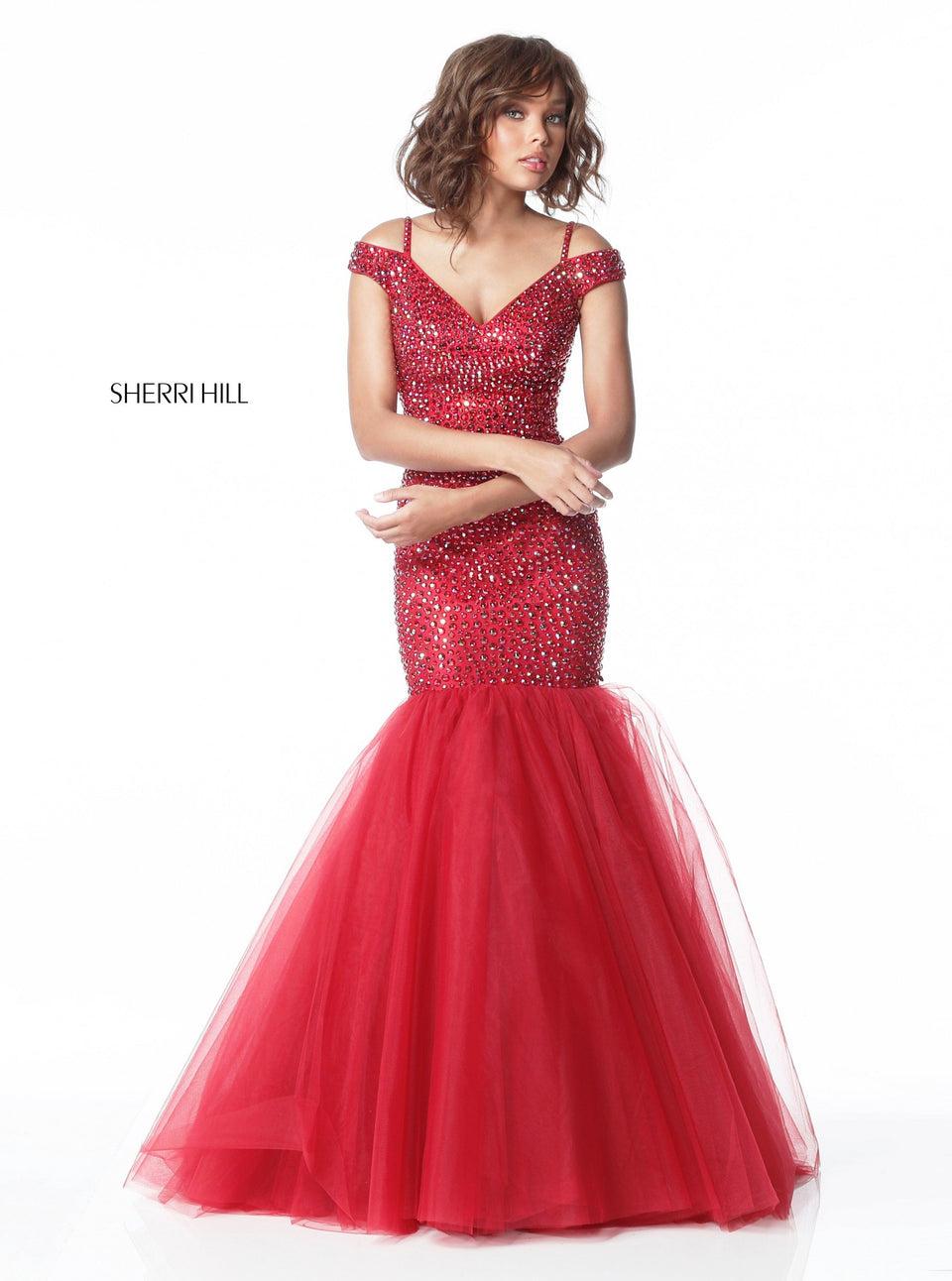 Sherri Hill Beaded Stretch Scuba Gown With Off Shoulder Straps And Tulle Mermaid Skirt