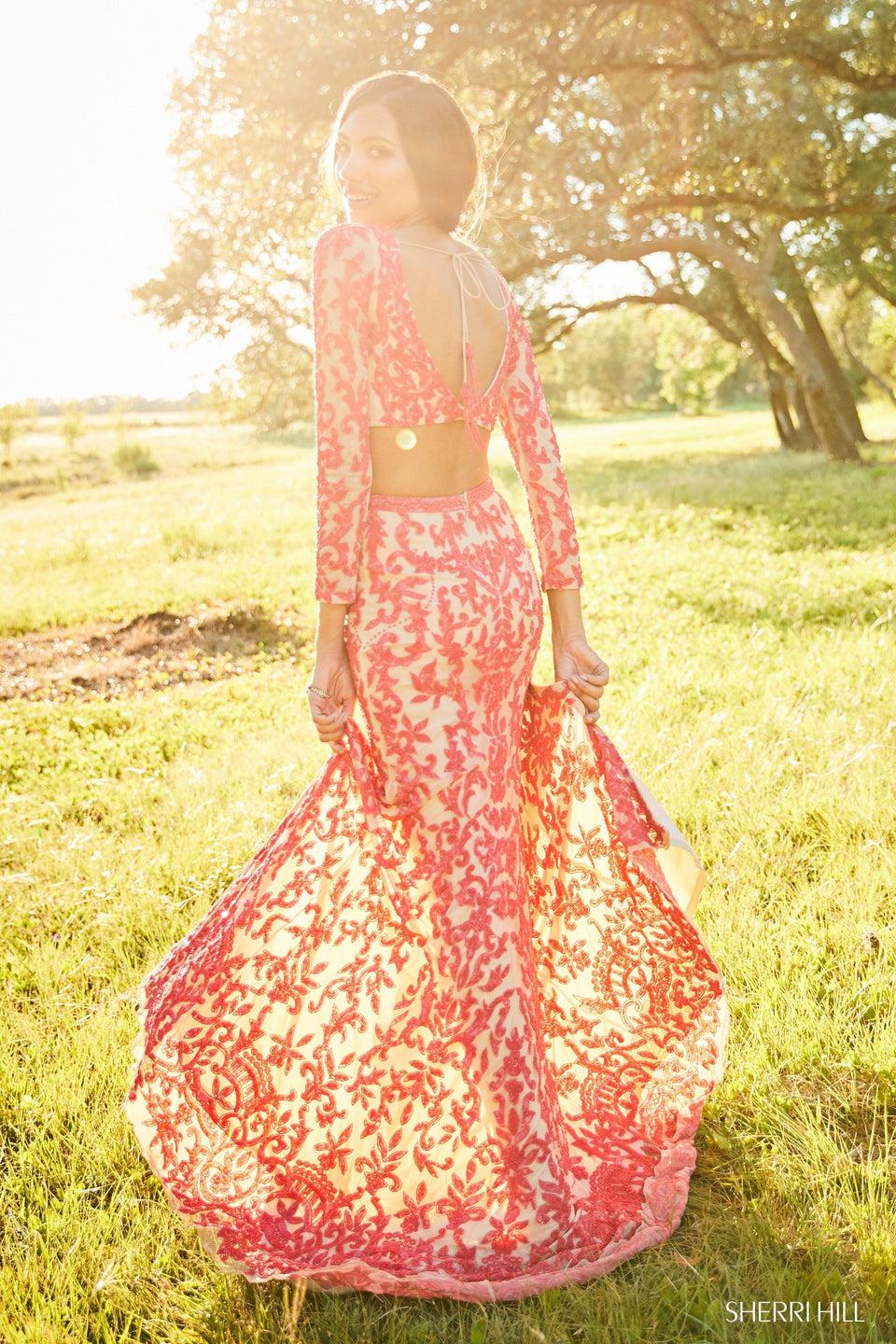 Sherri Hill Beaded Two-piece Gown With A Long Sleeve Bodice And Open Back