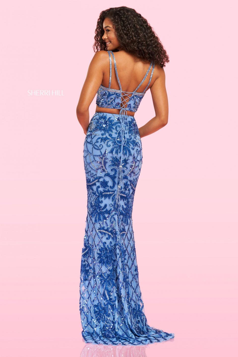 Sherri Hill Beaded Two Piece Gown With Deep V-neckline Lace Up Back Bodice And Long Fitted Skirt