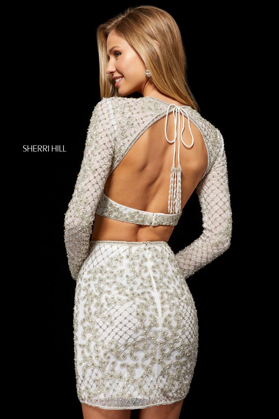 Sherri Hill Beaded Two Piece With A Long Sleeve Open Back Crop Top And A Short Fitted Skirt