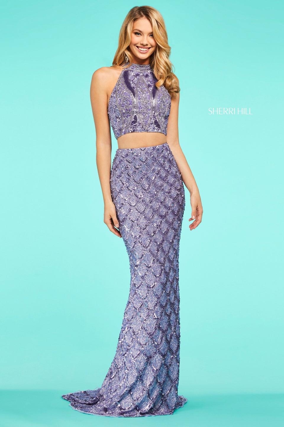 Sherri Hill Beaded Two Piece With High Cut Halter Neckline And Key Hole Back Top And Fitted Skirt