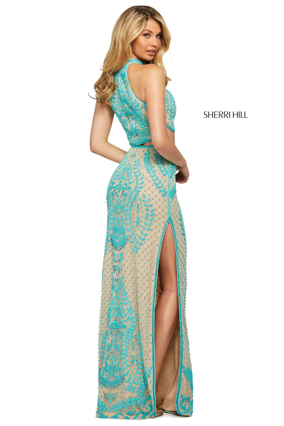 Sherri Hill Beaded Two Piece With High Cut Halter Style Bodice And Skirt With Tassel Tie Belt And Double Side Slits