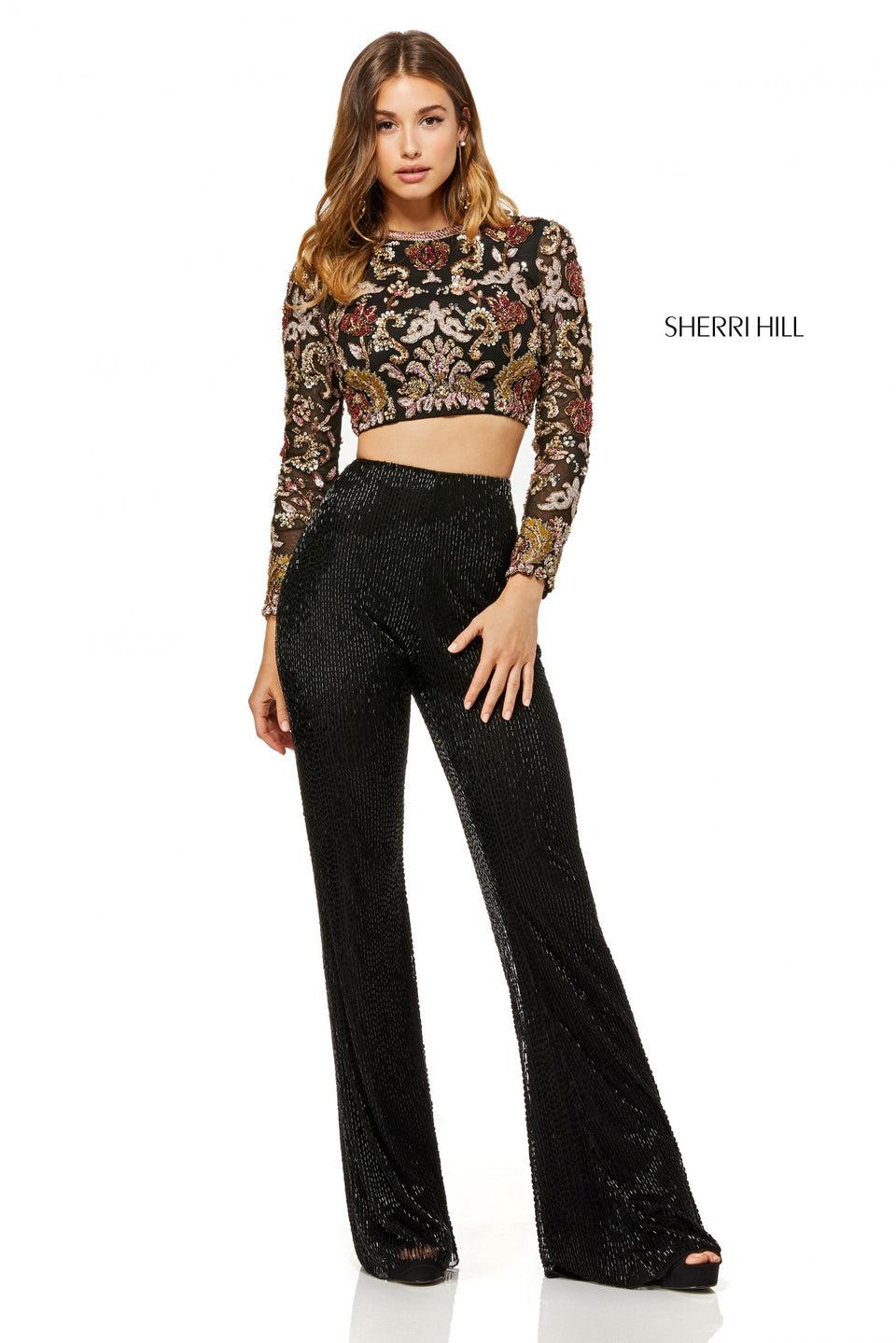sherri hill Beaded two piece with long sleeve open back crop top and wide leg high waisted pants