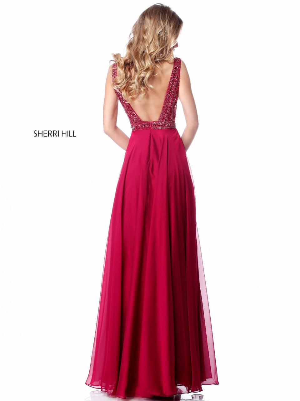Sherri Hill Beaded V Neck Bodice With Low Back And Chiffon Skirt