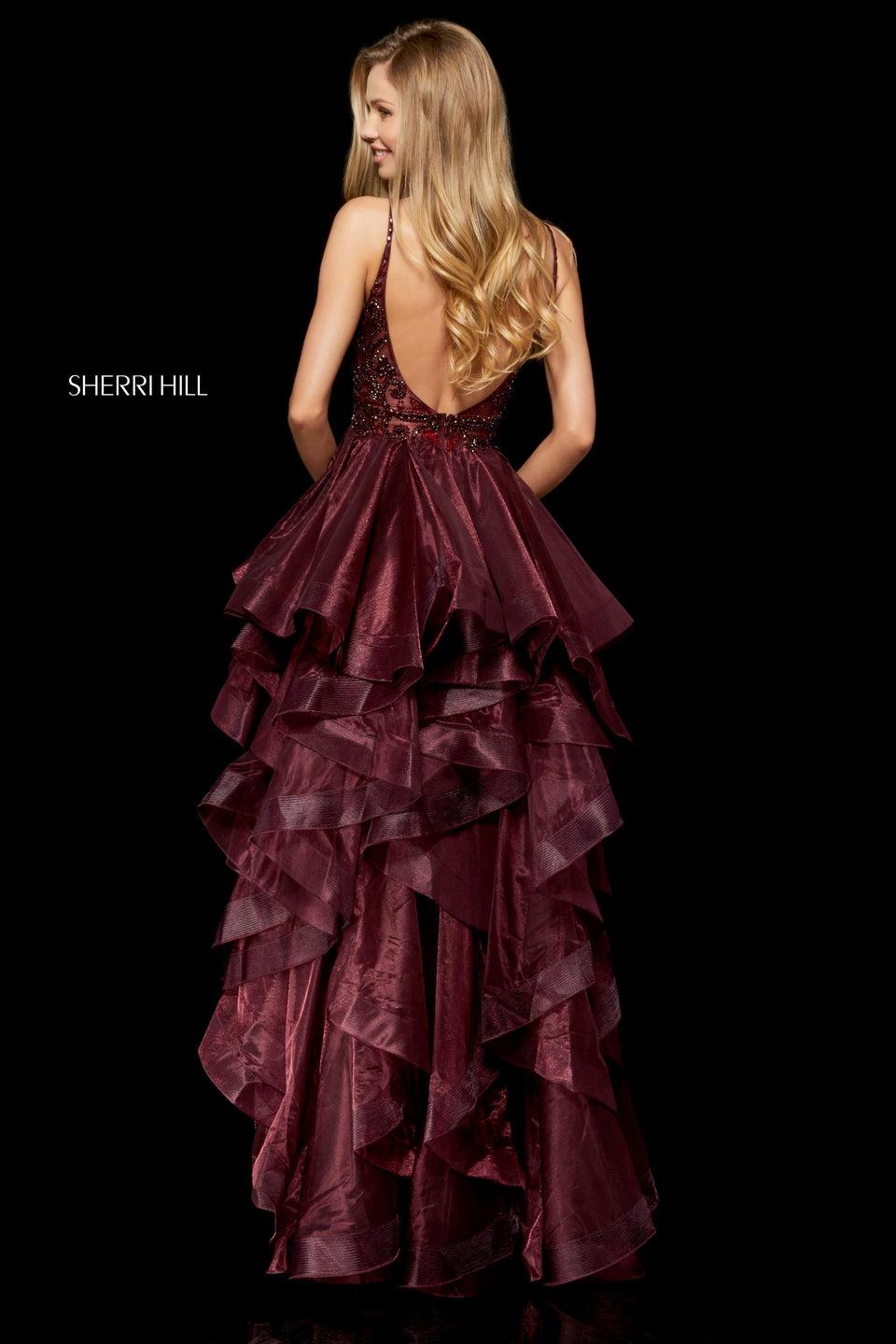 Sherri Hill Beaded V-neck Bodice With Ruffled High-low Organza Skirt
