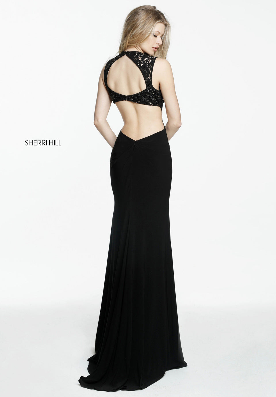 Sherri Hill Black Jersey Gown With Lace Bodice With Deep V Neckline And Back Cut Out