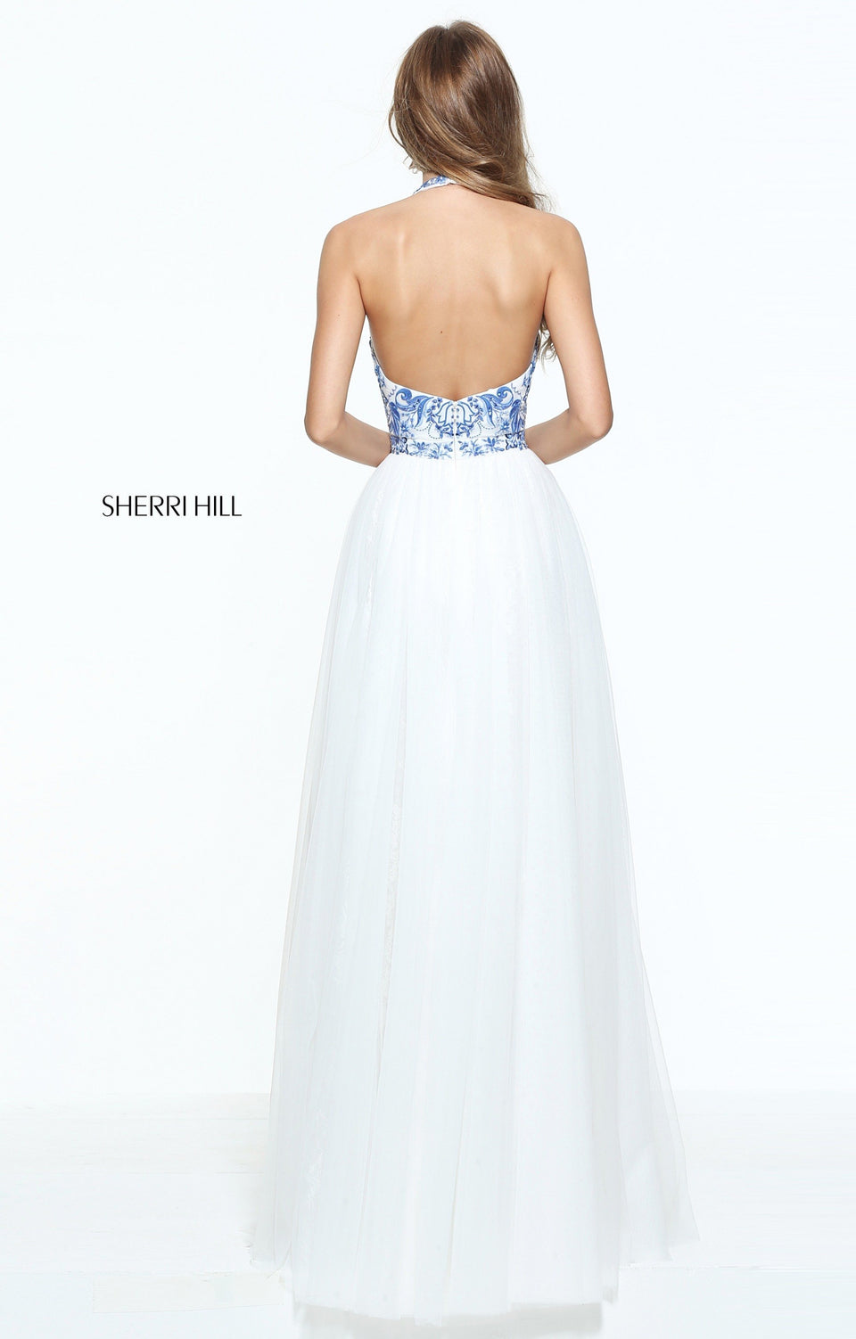 Sherri Hill Blue And Ivory Embroidered A-line Gown With Lace And Tulle Skirt