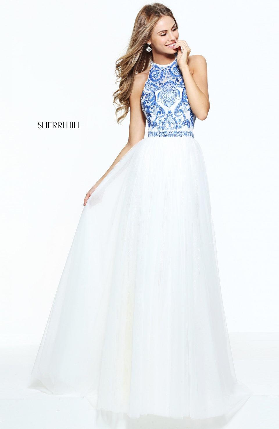 sherri hill Blue and Ivory embroidered A-line gown with lace and tulle skirt