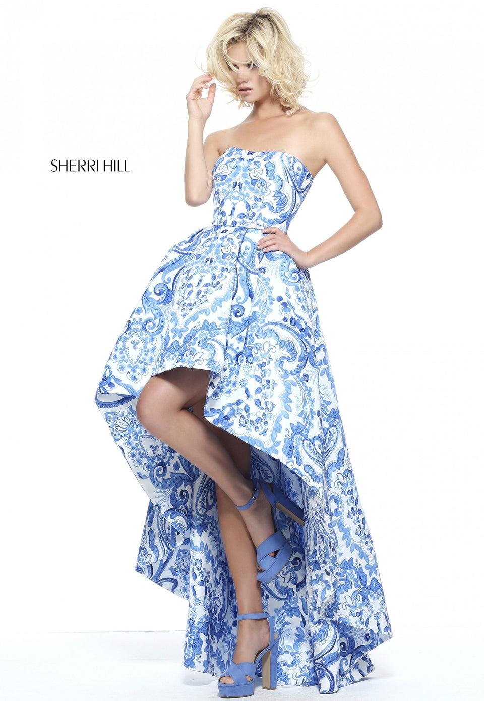 Sherri Hill Blue And Ivory Print Strapless High-low