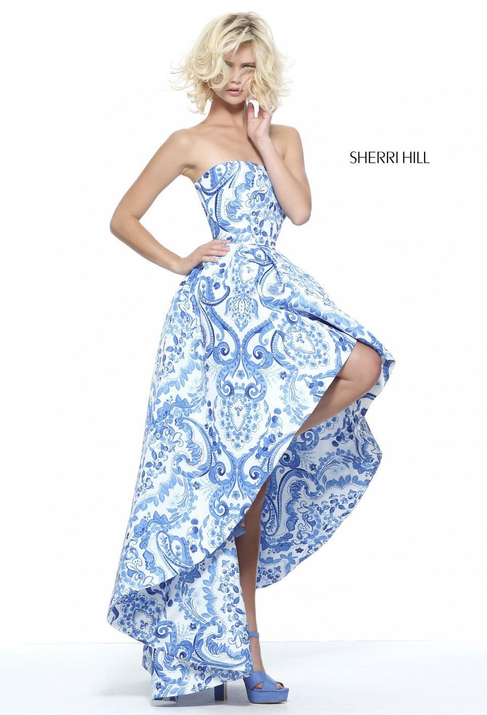 sherri hill Blue and ivory print strapless high-low