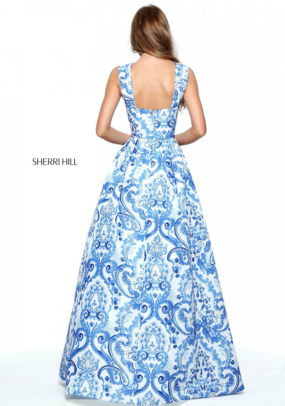 Sherri Hill Blue Ivory Print A-line Gown With Deep V Neckline And Thick Straps