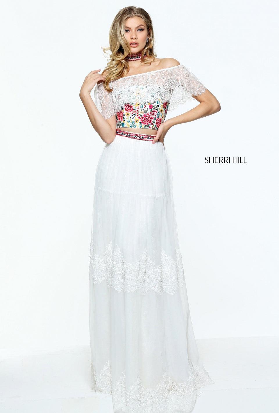 Sherri Hill Bohemian Inspired Two-piece With A Lace Off-the-shoulder Ruffle And Matching Choker