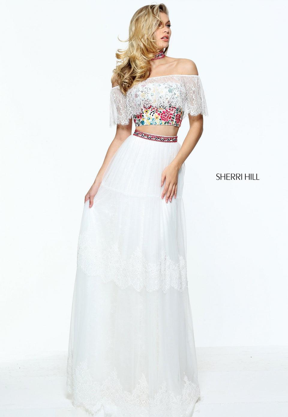 Sherri Hill Bohemian Inspired Two-piece With A Lace Off-the-shoulder Ruffle And Matching Choker