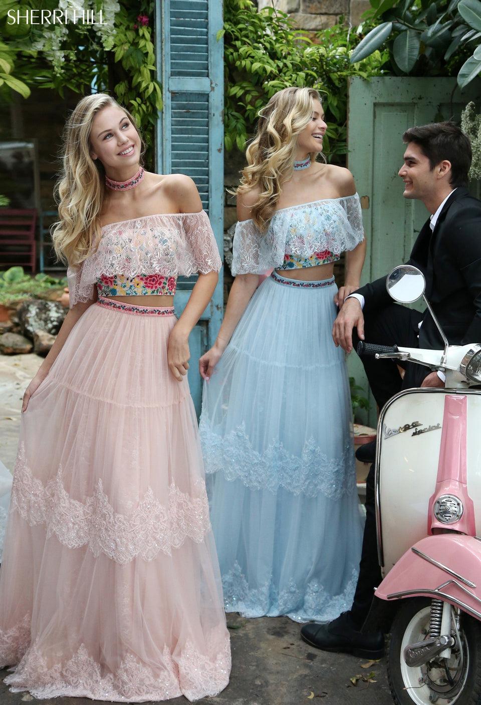 sherri hill Bohemian inspired two-piece with a lace off-the-shoulder ruffle and matching choker