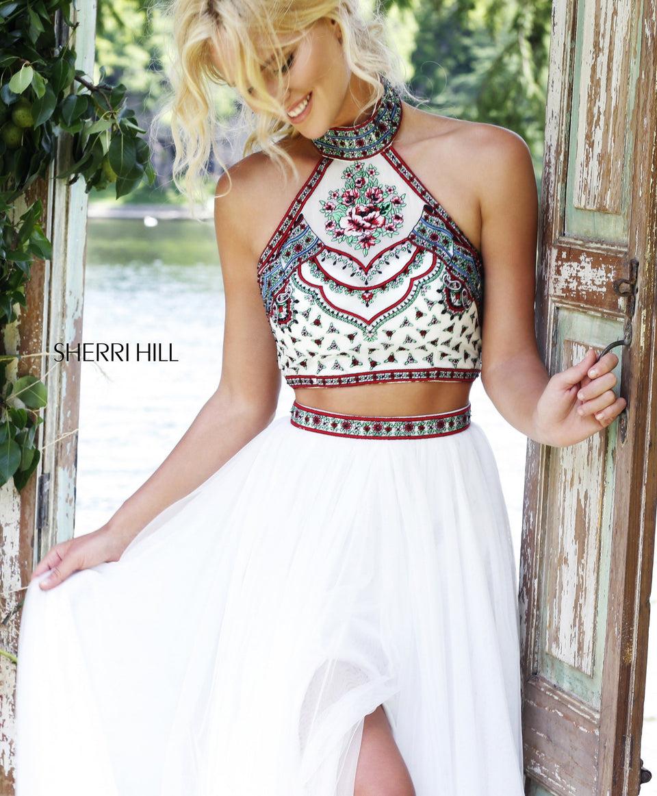 Sherri Hill Bohemian Inspired Two Piece With Embroidered High Neck Halter