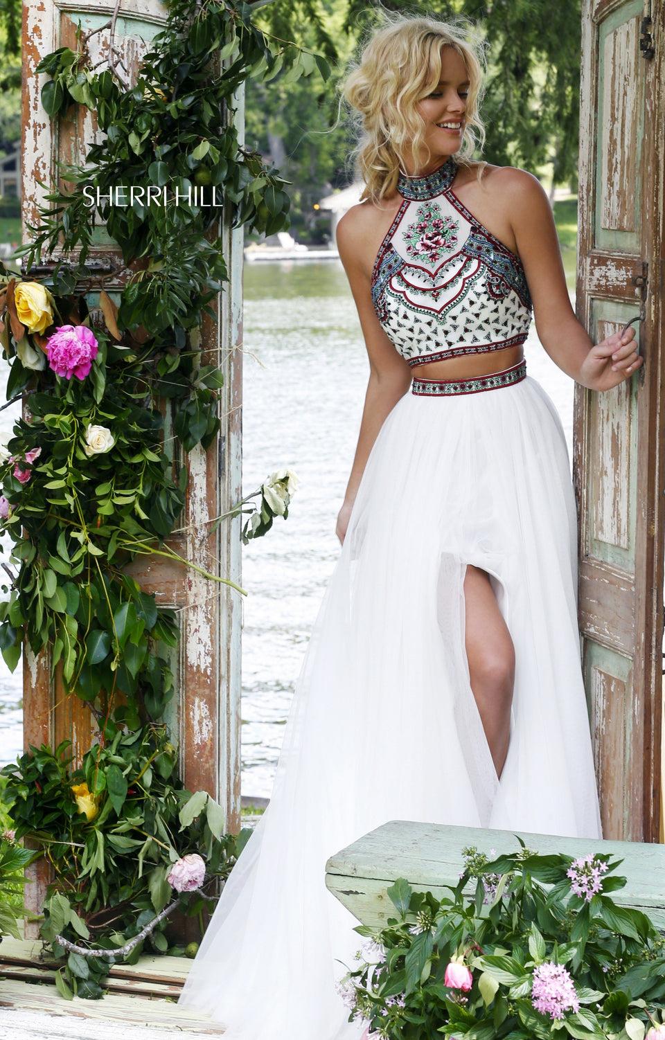 sherri hill Bohemian inspired two piece with embroidered high neck halter