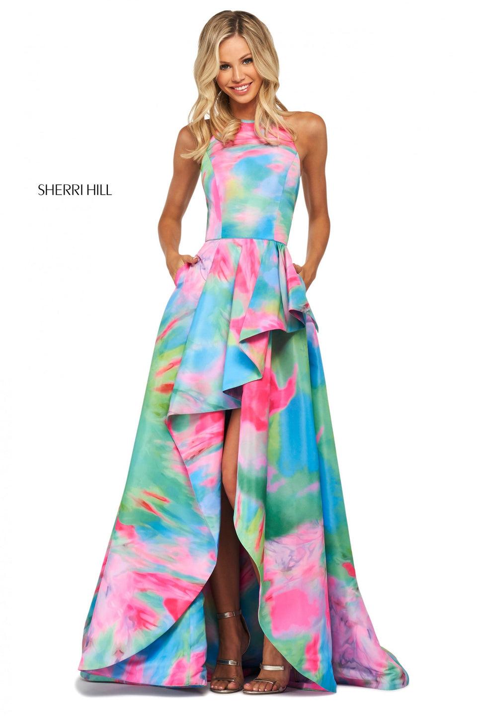 Sherri Hill Bright Tie-dye Print Mikado A-line Dress With Ruffled Skirt Slit And High Cut Halter Style Neckline With Back Cut Out