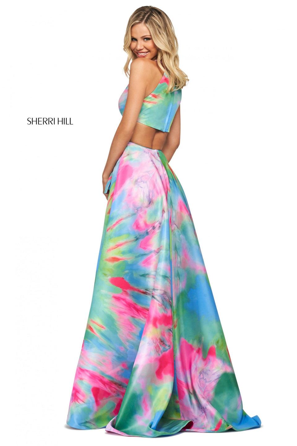 Sherri Hill Bright Tie-dye Print Mikado A-line Dress With Ruffled Skirt Slit And High Cut Halter Style Neckline With Back Cut Out