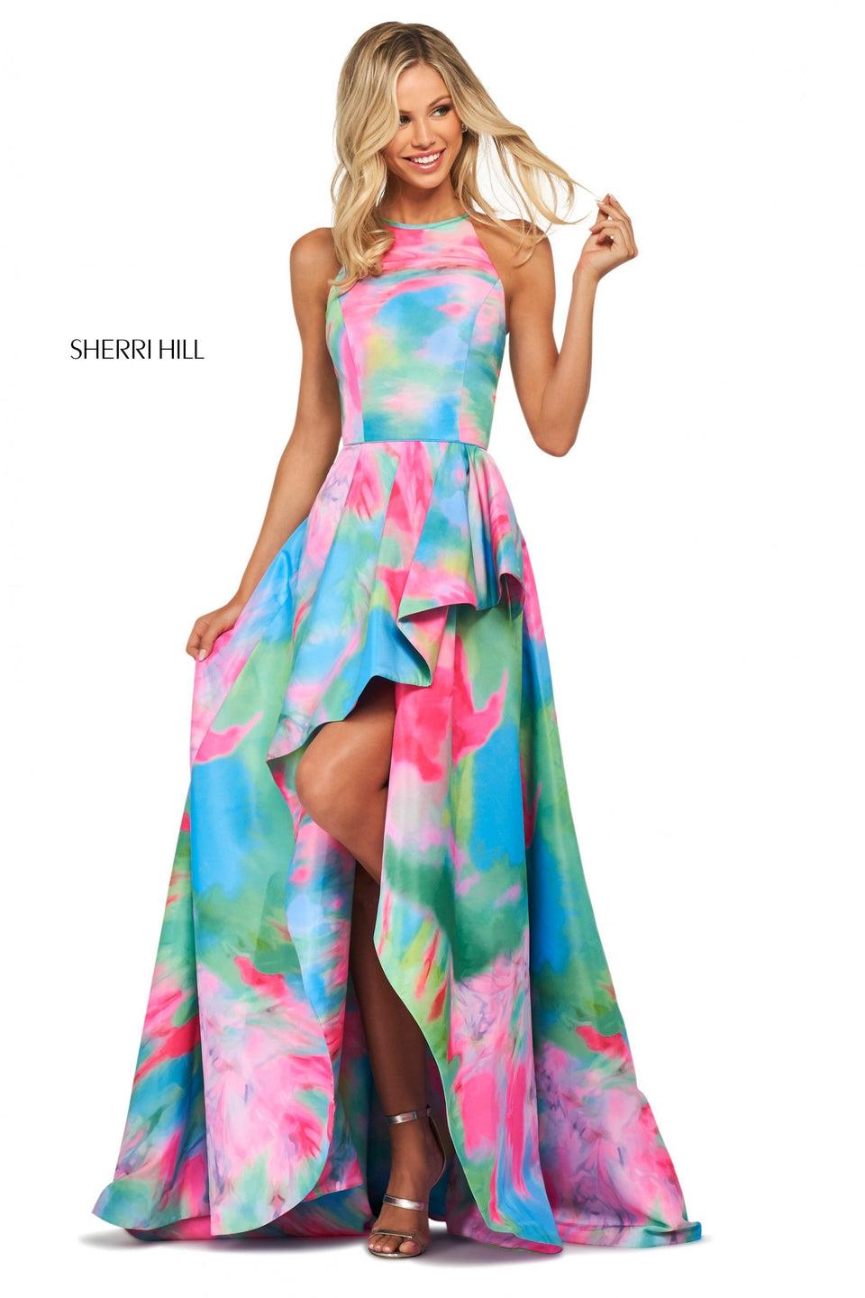 sherri hill Bright tie-dye print mikado A-line dress with ruffled skirt slit and high cut halter style neckline with back cut out