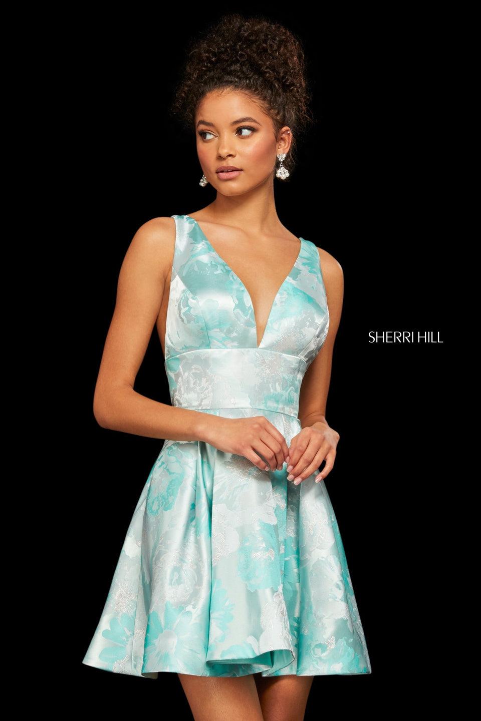sherri hill Brocade A-line cocktail dress with deep V neckline