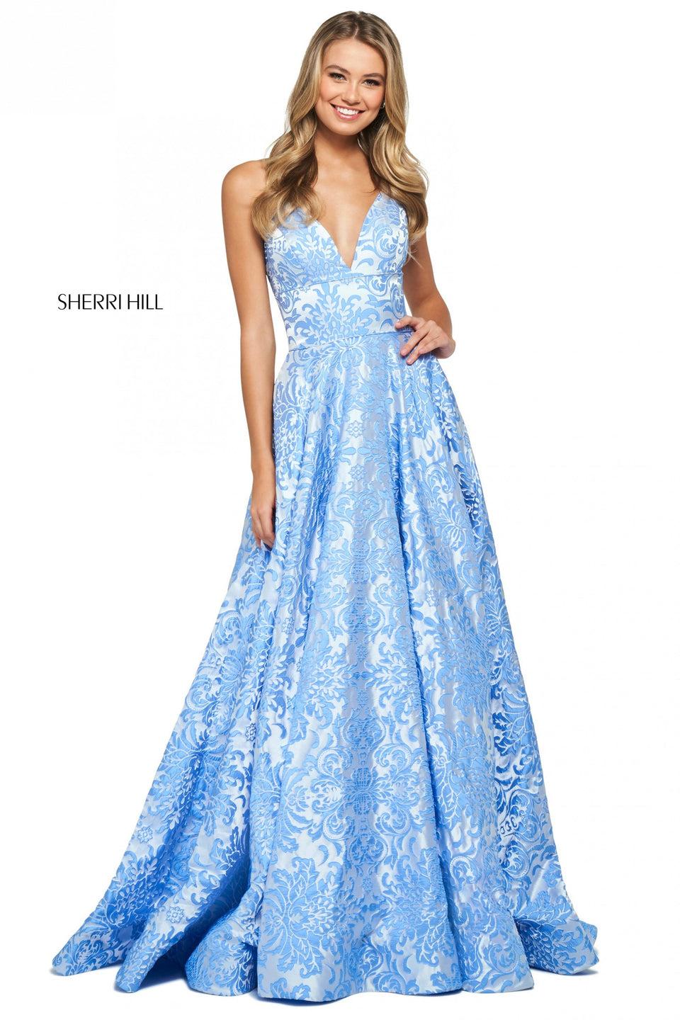 Sherri Hill Brocade A-line Gown With V Sweetheart Neckline And Wide Loop Lace Up Back