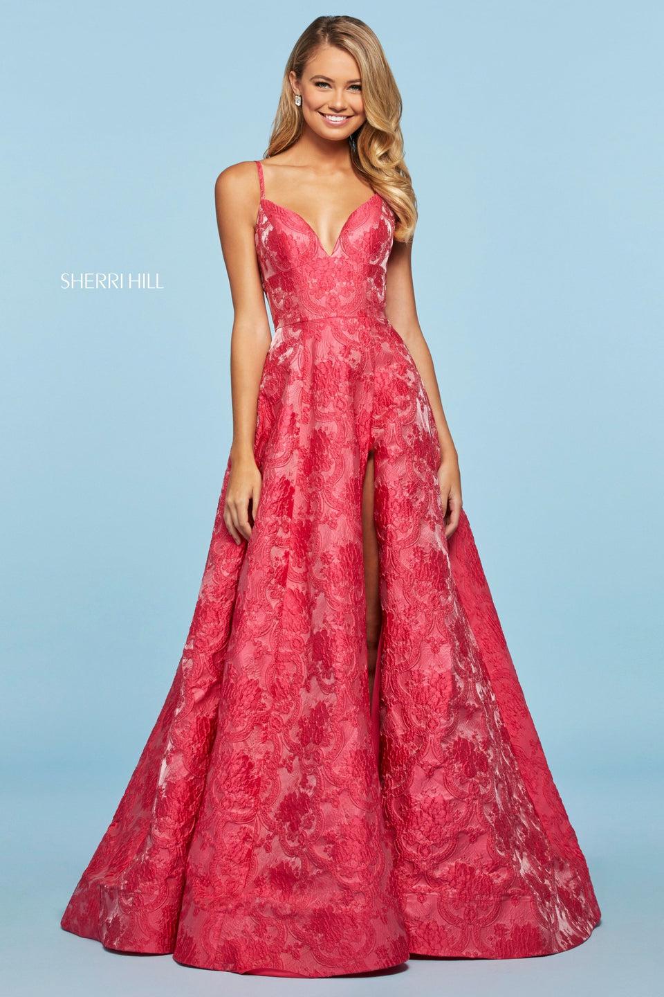 Sherri Hill Brocade A-line With V Sweetheart Neckline Corset Style Lace Up Back And Skirt Slit